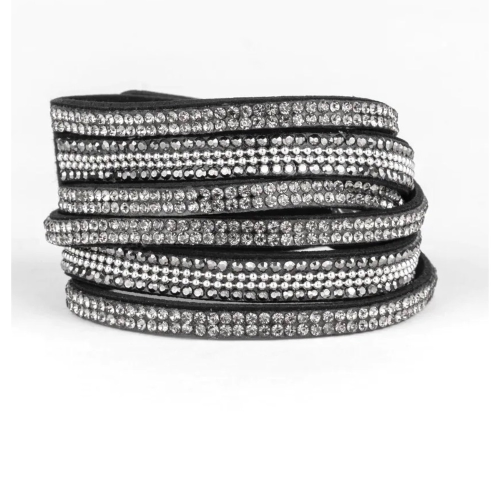 363 Faux Suede Wrap Bracelet Black Silver Rhinestone Snap Glam Goth